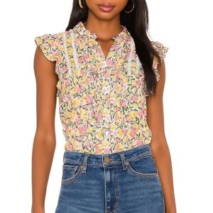 AQUA Floral Ruffle Sleeve Top | Cotton Flutter Sleeve Blouse Size Large